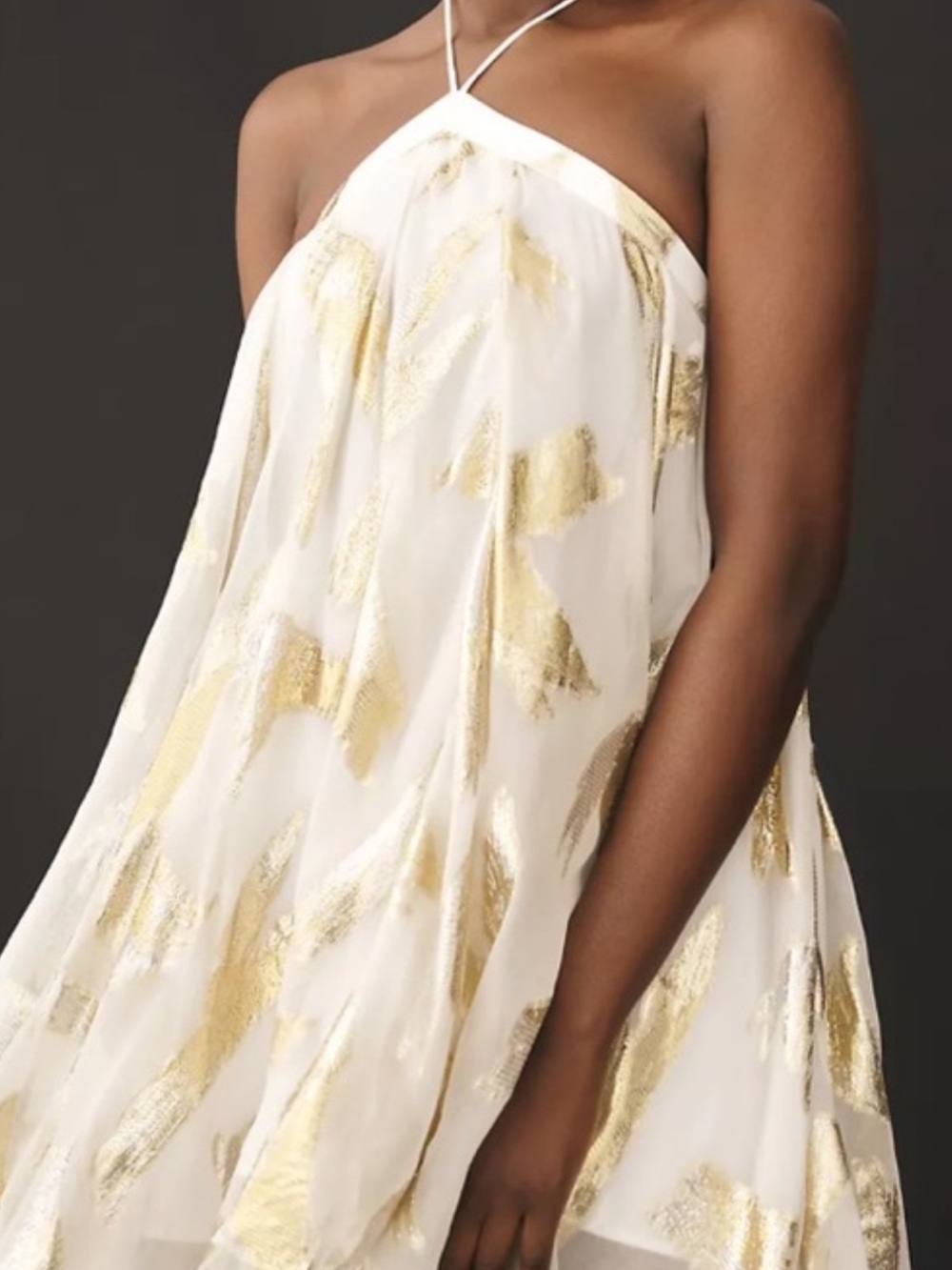 Anthropologie White and Gold Halter Swing Dress